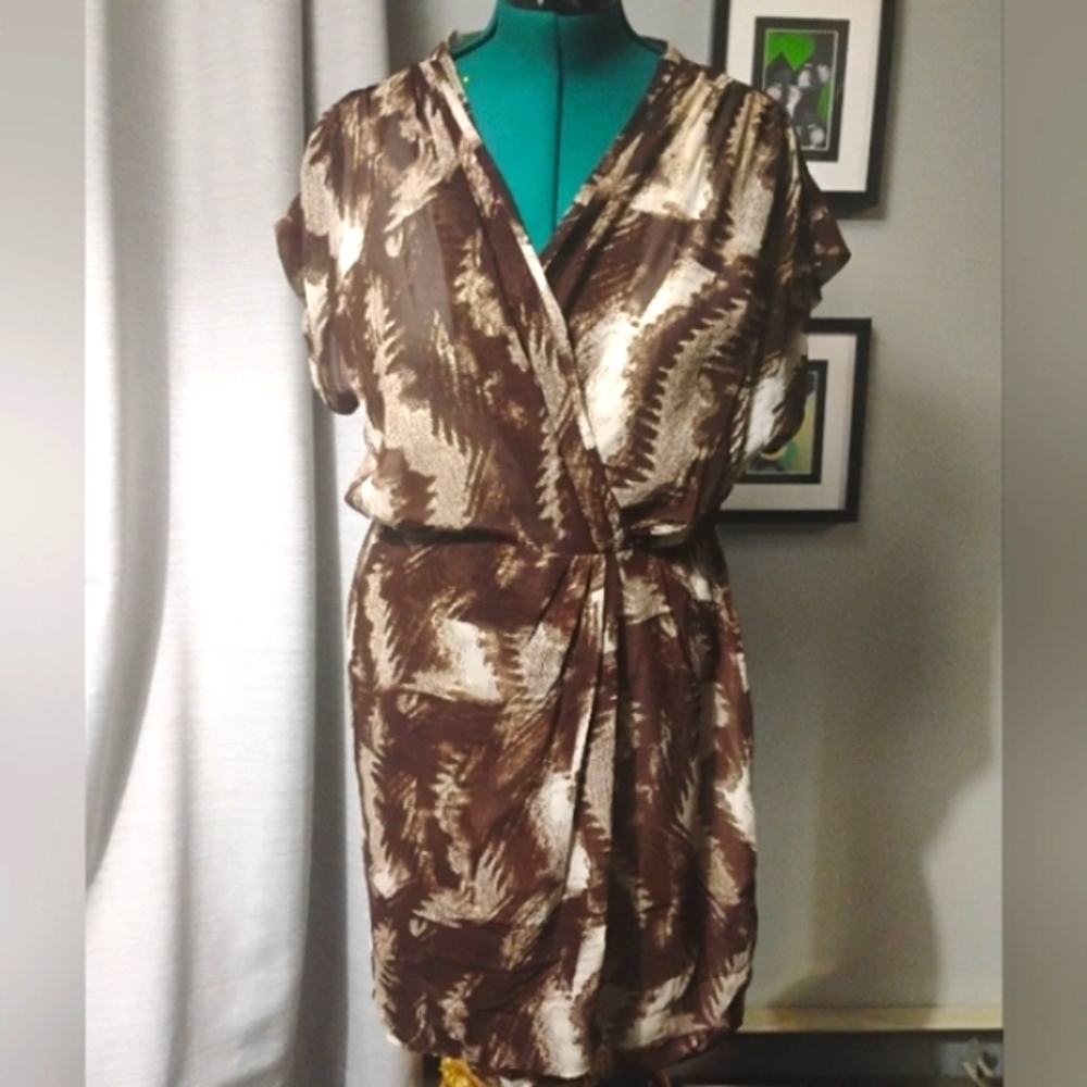 W118 by Walter Baker Abstract Print Faux Wrap Dress Size L in Brown & Cream